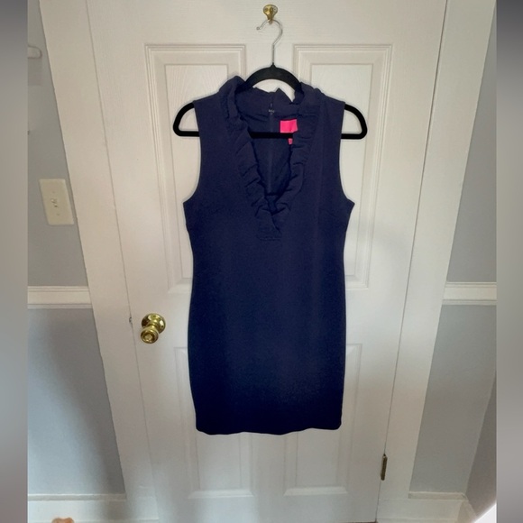 Lilly Pulitzer Tisbury Knit V-Neck Ruffle Sheath Dress | Navy | Size Medium - Picture 4 of 12